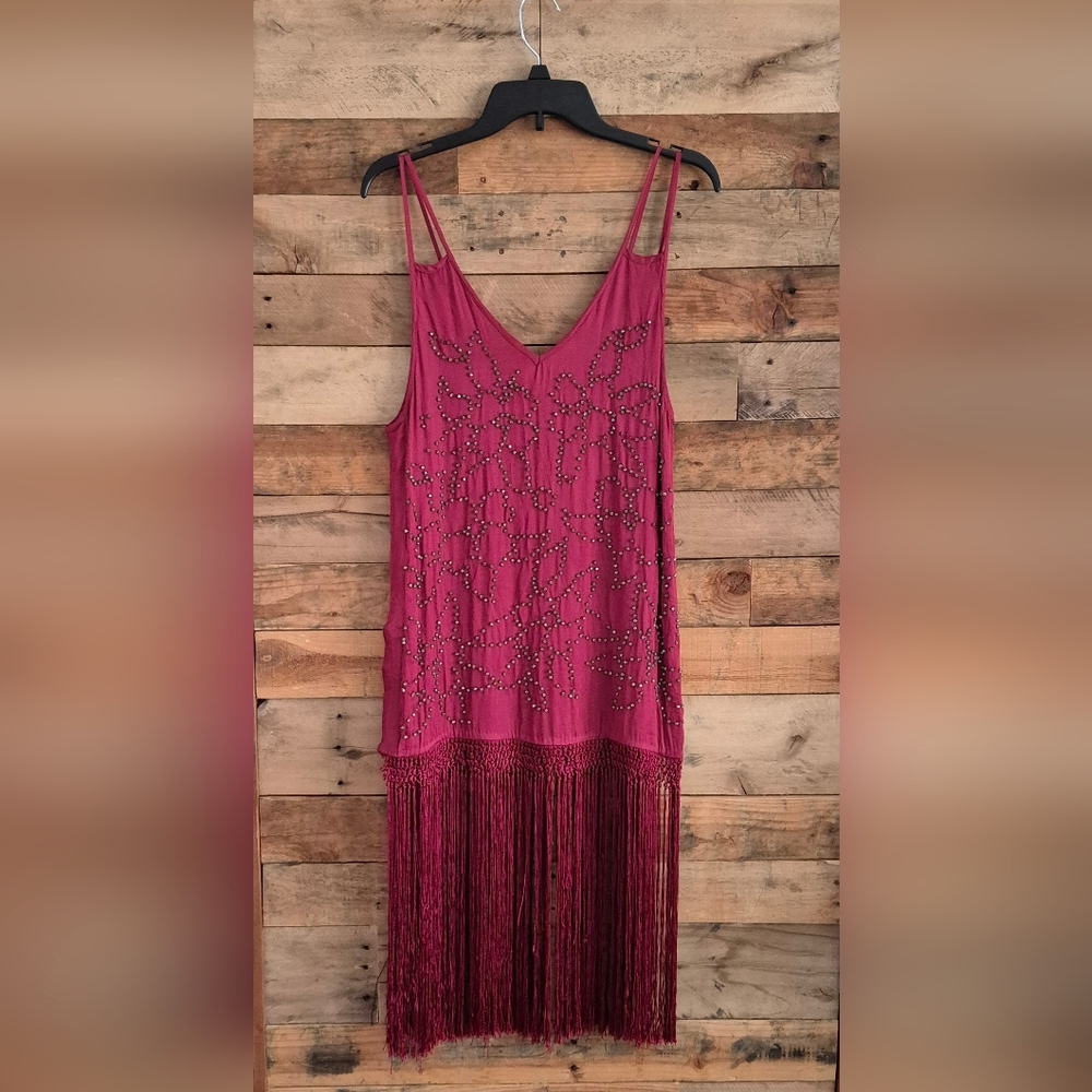 FREE PEOPLE Midnight Party Flapper Fringe Tunic Top Dress S Burgundy Boho Indie - Picture 4 of 16